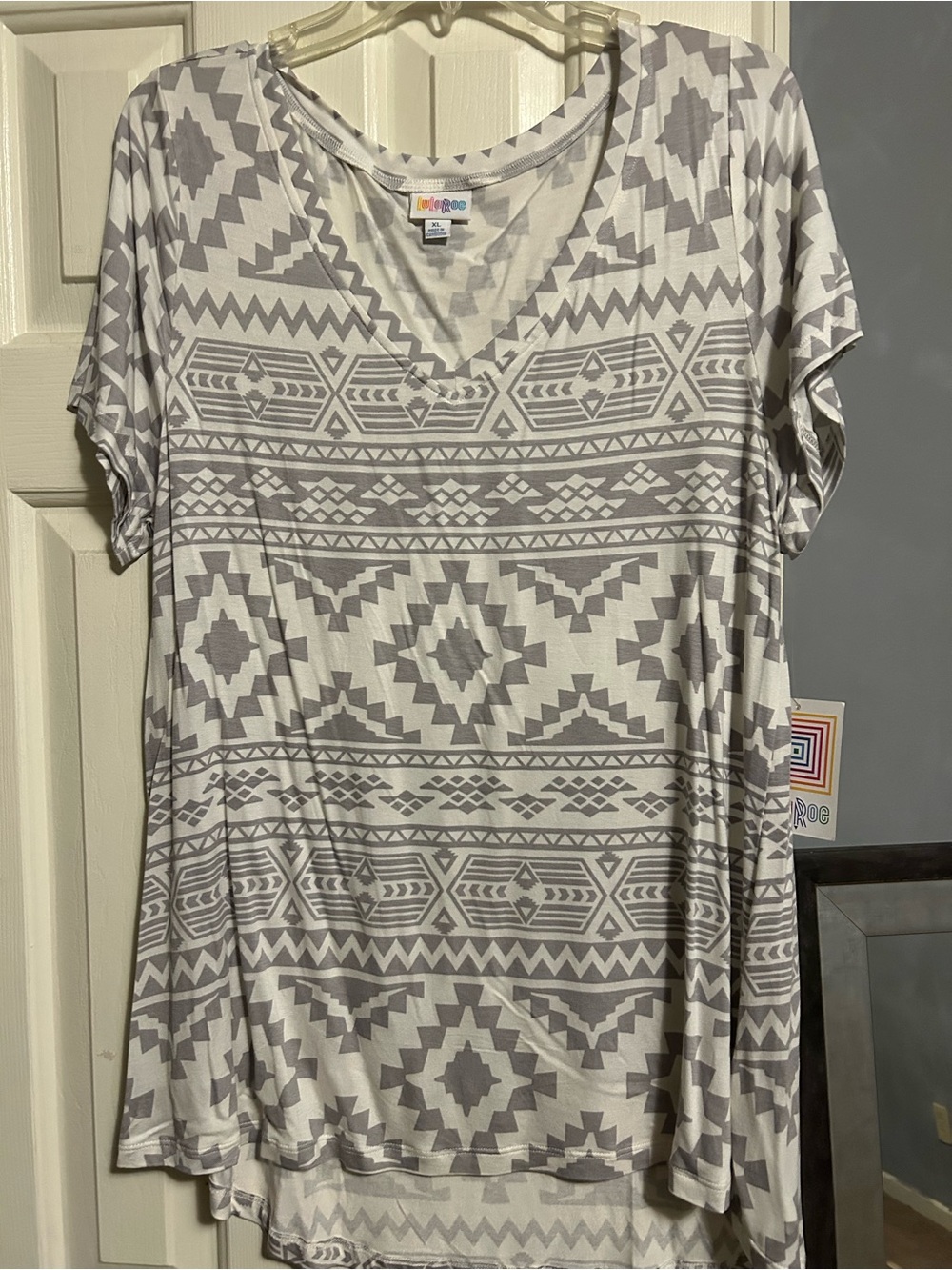LuLaRoe White and Gray Tribal V-Neck Tunic